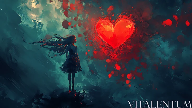 Figure Gazing at Luminous Heart: Teal and Crimson Digital Composition