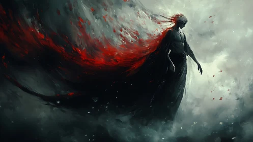 Stormlit dark figure wrapped in flowing crimson power.