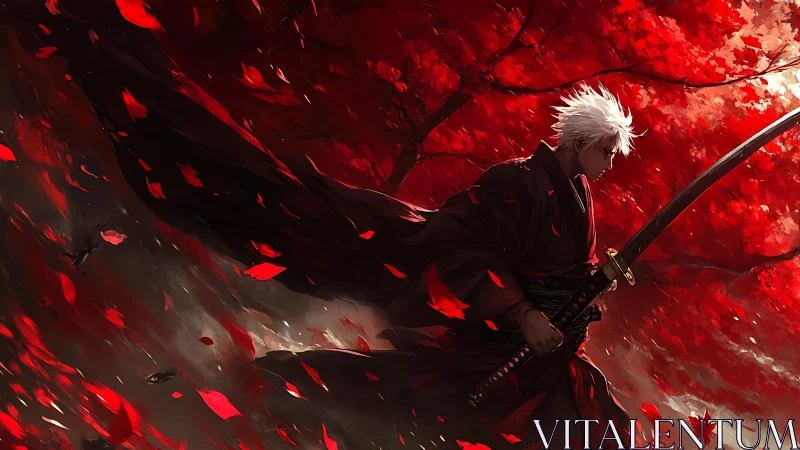 White haired swordsman under red leaves in motion storm.