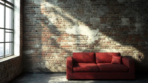 Red fabric sofa against sunlit exposed interior brick wall