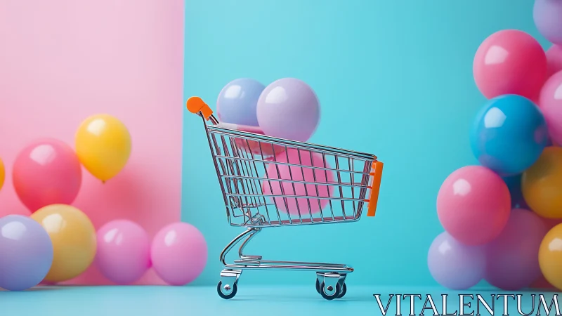Chromed mini shopping cart with pastel balloons on split backdrop