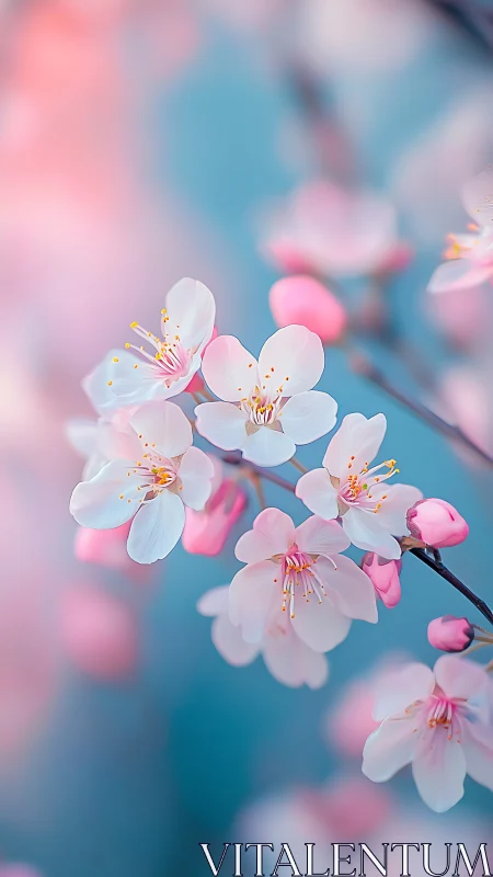 Pink and white blossoms on blue background