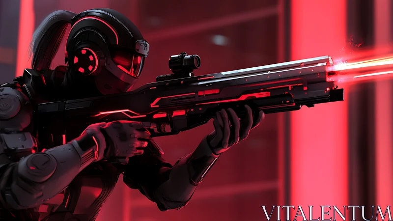 Cybernetic sniper aims charged rifle in neon red corridor