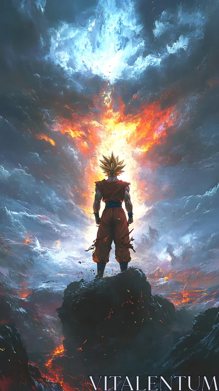 Lone warrior crowned in stormfire beneath a split sky.