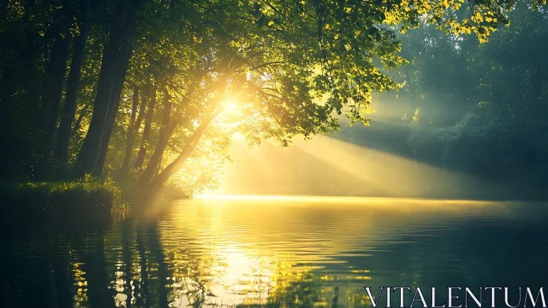 Serene morning sunlight streams through forest over tranquil lake.