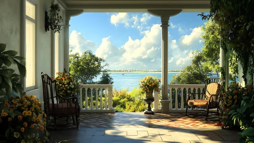 Sunlit veranda overlooks tranquil blue bay in late afternoon