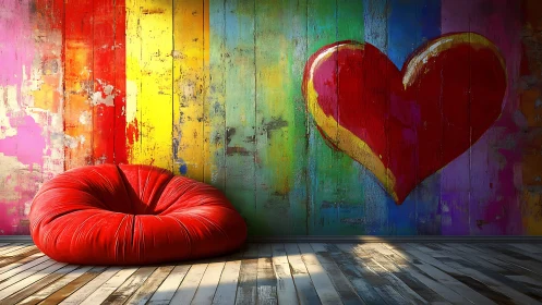 Pop Art Interior: Rainbow Wood Paneling with Sculptural Heart Motif.