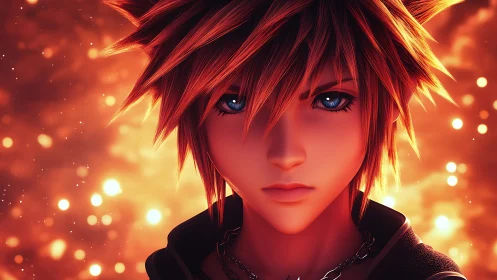 Spiky haired anime hero stares into glowing ember horizon