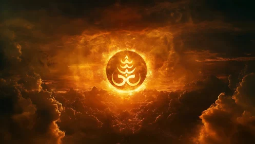 Solar sigil igniting stormy celestial clouds in amber glow.