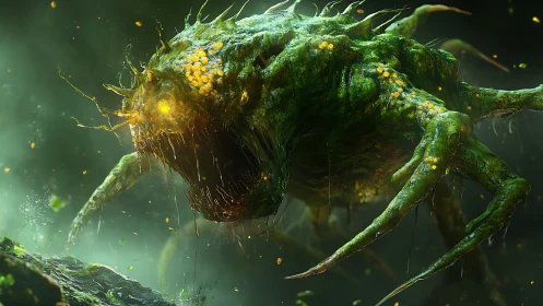 Mossy swamp creature glowing softly in misty green light.