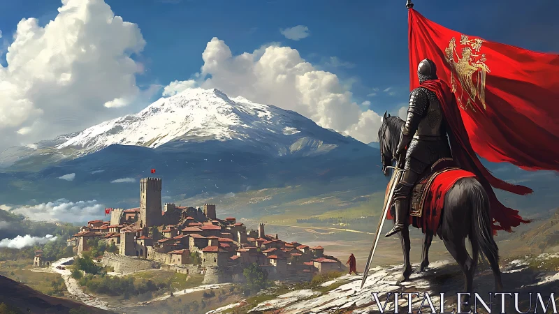 Armored herald surveys crimson-bannered mountain realm.