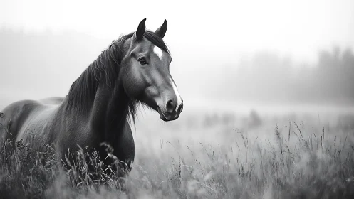Majestic horse stands calmly in a misty monochrome meadow
