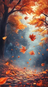 Crimson leaves waltz down a misty forest cobblestone path