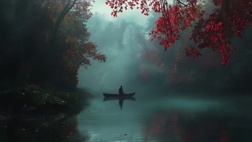 Solitary boat drifts through misty forest lake at dawn.