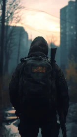 Solitary hooded wanderer in post-apocalyptic urban ruins at dusk