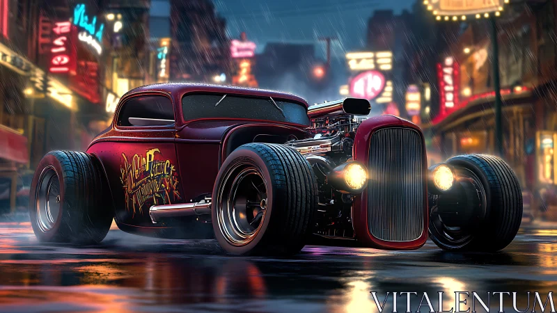 Custom hot rod glowing on a rainy neon city street at night.