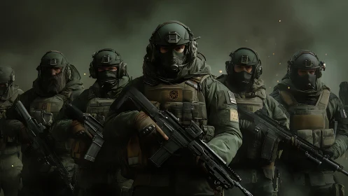 Grim tactical squad emerges from smoky battlefield hush.