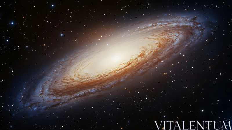 Spiraling starlit galaxy glows warmly in the quiet night sky