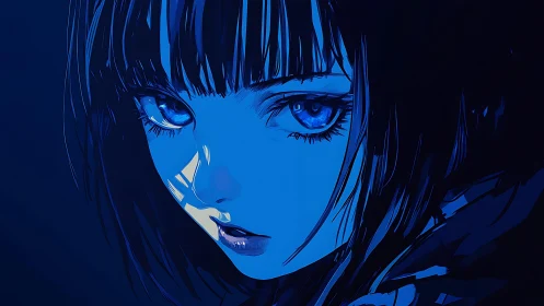 Monochrome blue anime portrait uses hard shading and tight crop