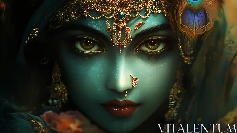Mystical blue goddess gazes forward in jeweled splendor