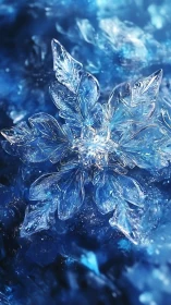 Crystal snowflake sparkles amid deep blue frozen crystals