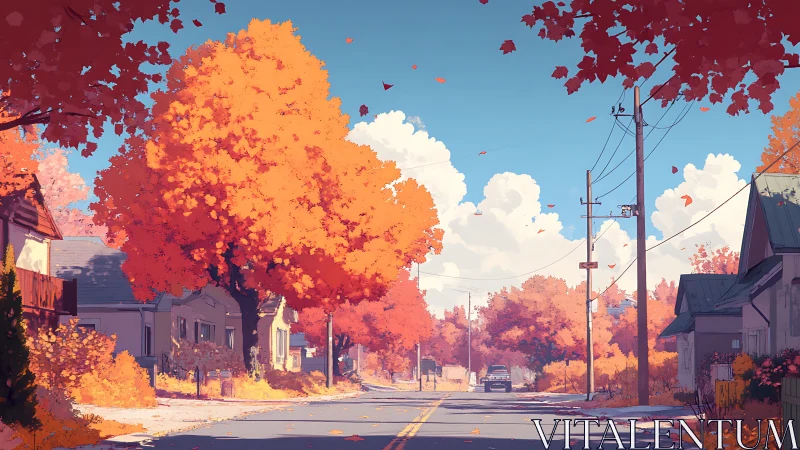 Quiet small-town street glows beneath vibrant autumn trees