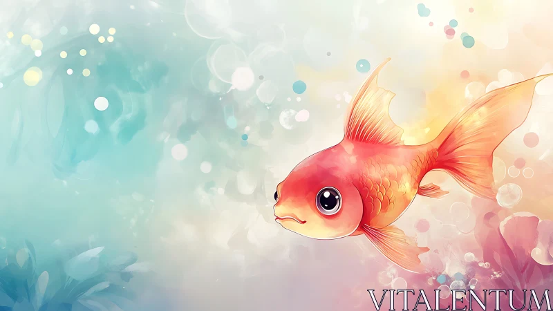 Cute orange goldfish against soft pastel water backdrop.