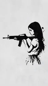 Silhouette of young girl holding rifle in profile view.