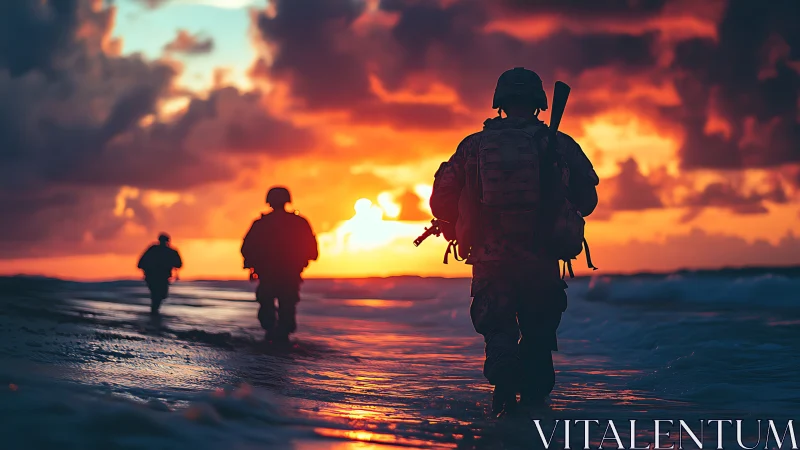 Photorealistic soldiers silhouetted on coastal sunset patrol.