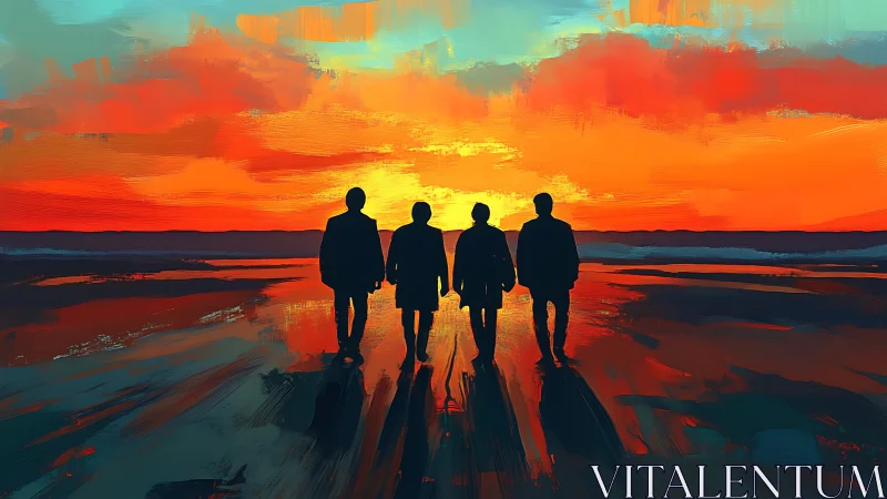 Silhouetted quartet walking toward vivid orange coastal sunset