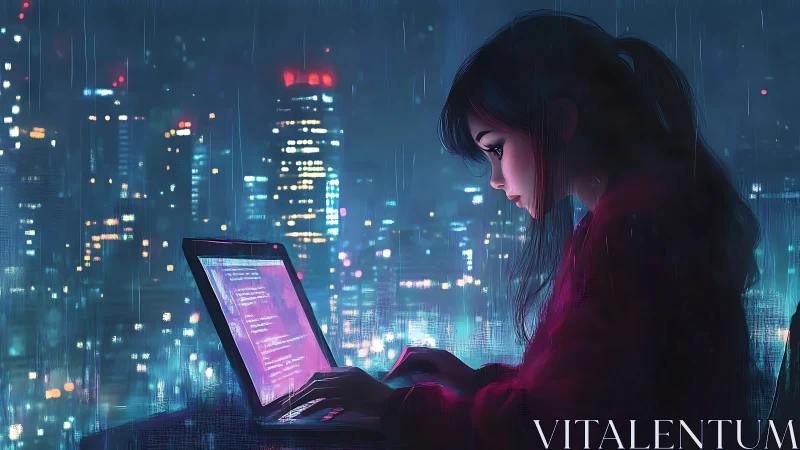 Focused coder works late on laptop before rainy city skyline