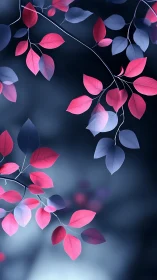 Neon pink and blue leaves on dark blurred forest background.