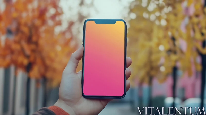 Smartphone Display Glowing with Warm Gradient in Autumn Setting.