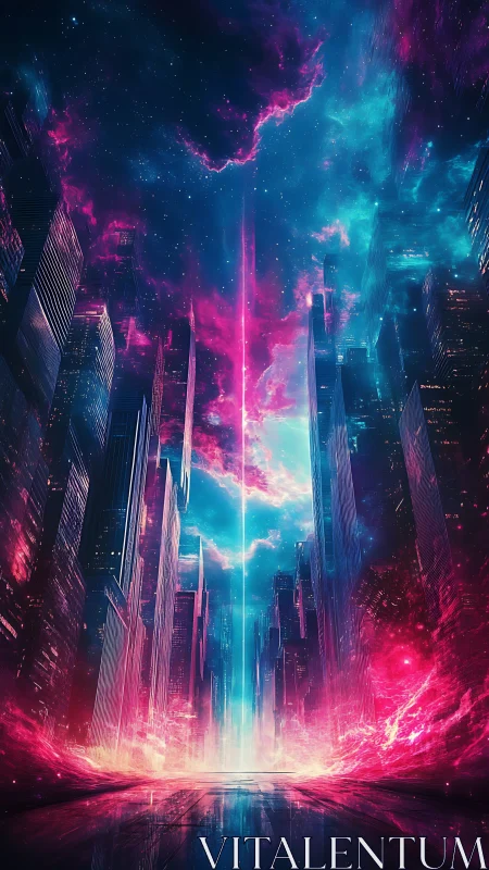 Neon sci fi city street with glowing vertical energy beam.