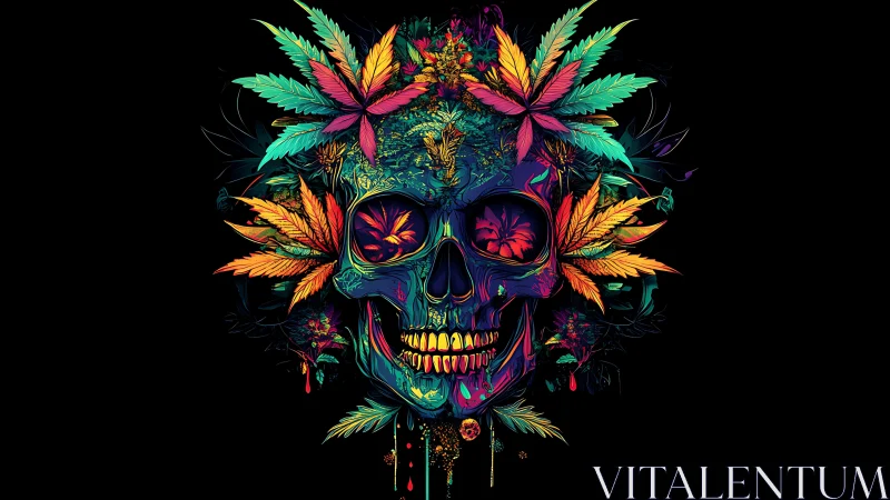 Neon skull with psychedelic leaves on black field.
