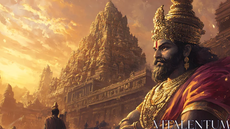 Sun-drenched warrior king contemplates his vast temple realm