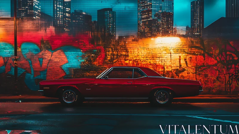Classic red muscle car glows against neon graffiti wall.