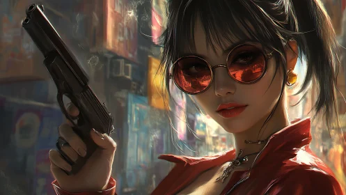 Neo-noir gunwoman in red jacket with reflective shades.