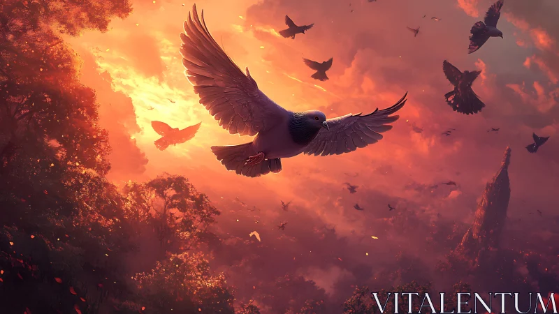 Majestic pigeon soaring at sunset in vibrant fantasy art style.