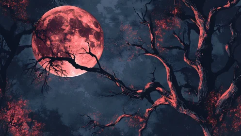 Red lunar disc behind silhouetted tree branches at night.