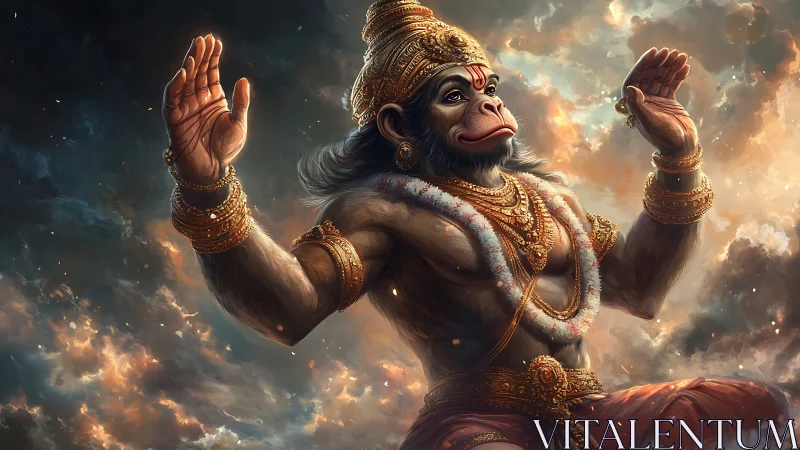 Mythic monkey warrior deity raises both hands in clouds