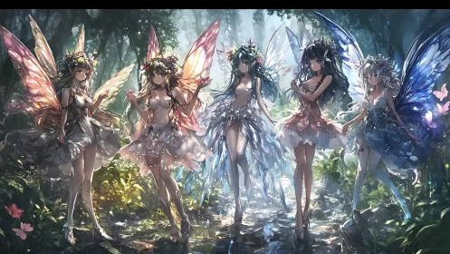 Anime woodland fairy quintet in luminous fantasy composition.