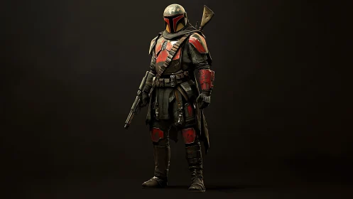 Armored sci‑fi bounty hunter rendered in cinematic 3D realism