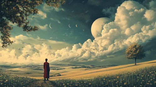 Figure in red coat studies surreal sky over rolling fields