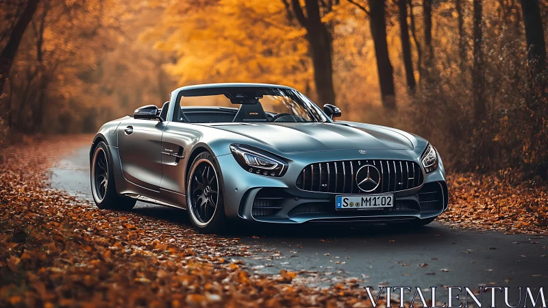 Sleek silver roadster enjoys a calm drive through autumn woods
