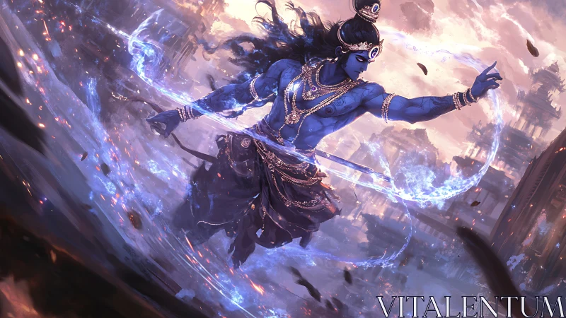 Divine blue warrior in dynamic celestial digital painting.