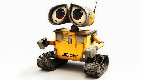 Yellow tracked robot with binocular eyes stands on white background