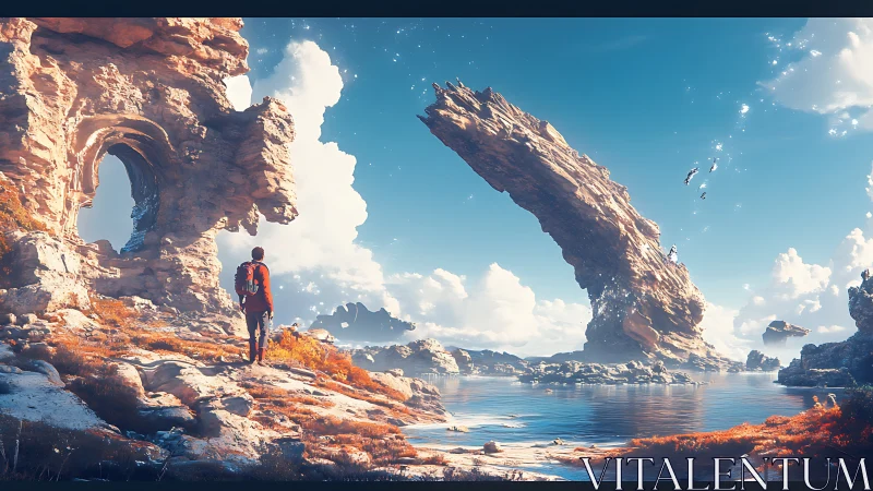 Solitary figure near eroded arch and tilted rock over water.