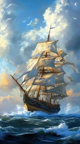 Tall ship cuts through sunlit waves under dramatic sky