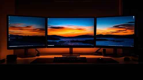 Triple-screen sunset desk where tech meets quiet night.